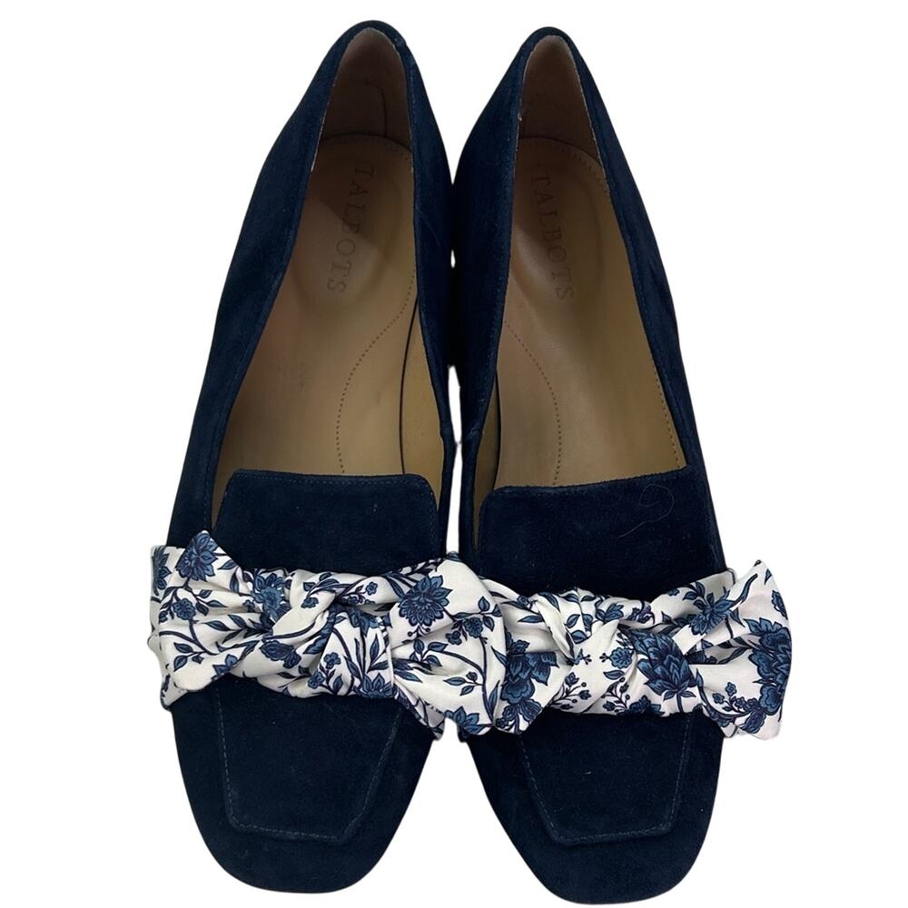 Talbots Women’s Stella Navy Blue Floral Bow Suede Loafers